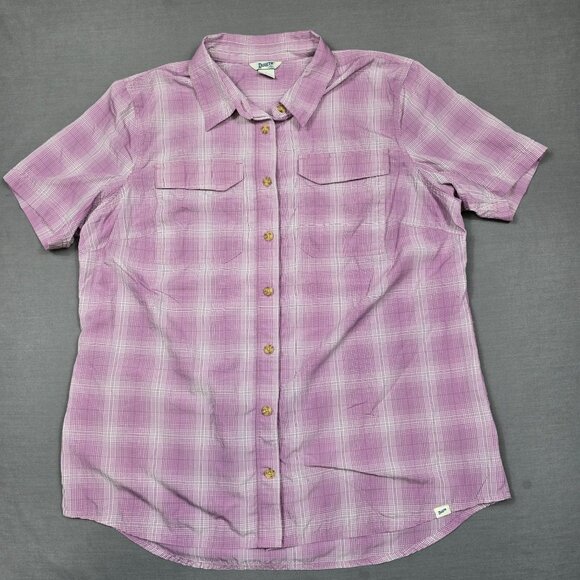 Duluth Tops - Duluth Womens Large Button-Up Plaid Short Sleeve Shirt Purple Lightweight Top